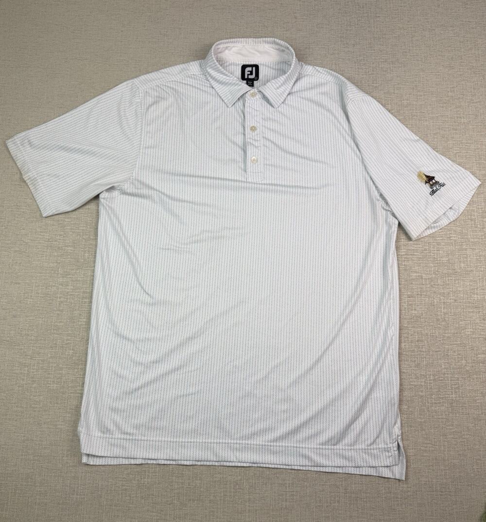 FootJoy FJ Golf Polo Shirt Men’s L White Blue Stripe Bali Hai Golf Club Logo